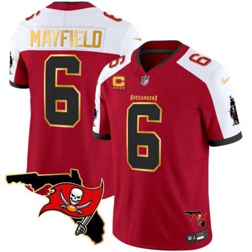 Men%27s Tampa Bay Buccaneers #6 Baker Mayfield Red White With Florida Patch Gold Trim Vapor Stitched Jersey Dyin
